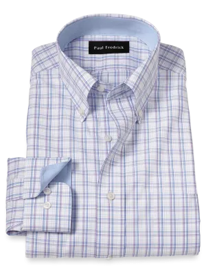Non-Iron Cotton Plaid Dress Shirt With Contrast Trim - Blue/purple