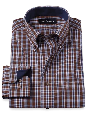 Non-Iron Cotton Plaid Dress Shirt With Contrast Trim - Brown/blue