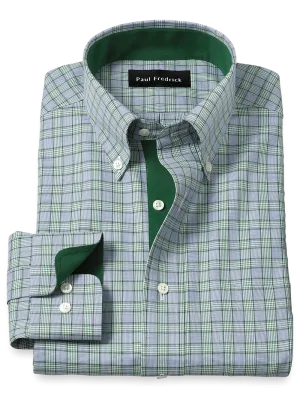 Non-Iron Cotton Plaid Dress Shirt With Contrast Trim - Navy/green