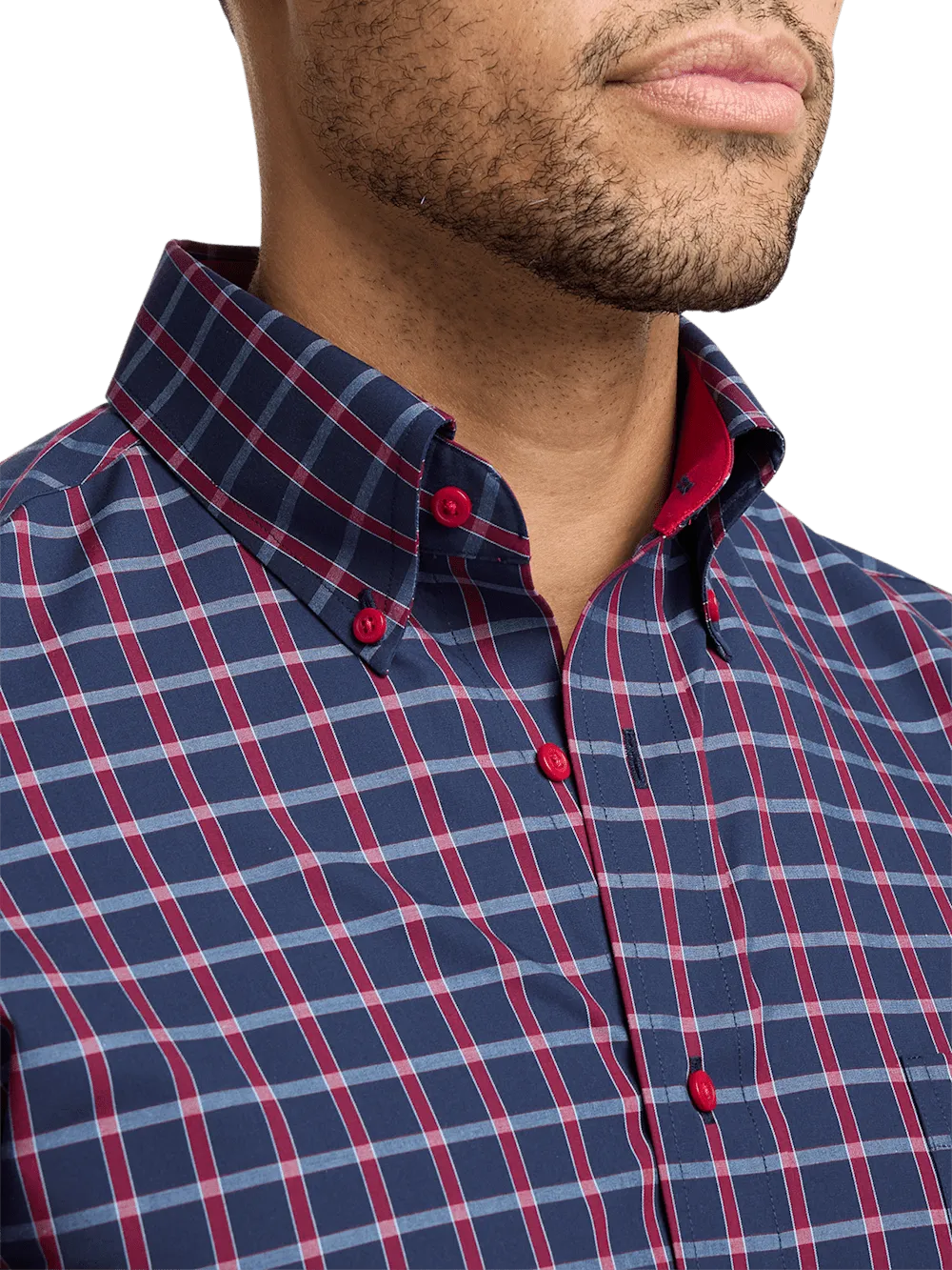 Non-Iron Cotton Plaid Dress Shirt With Contrast Trim - Navy/red