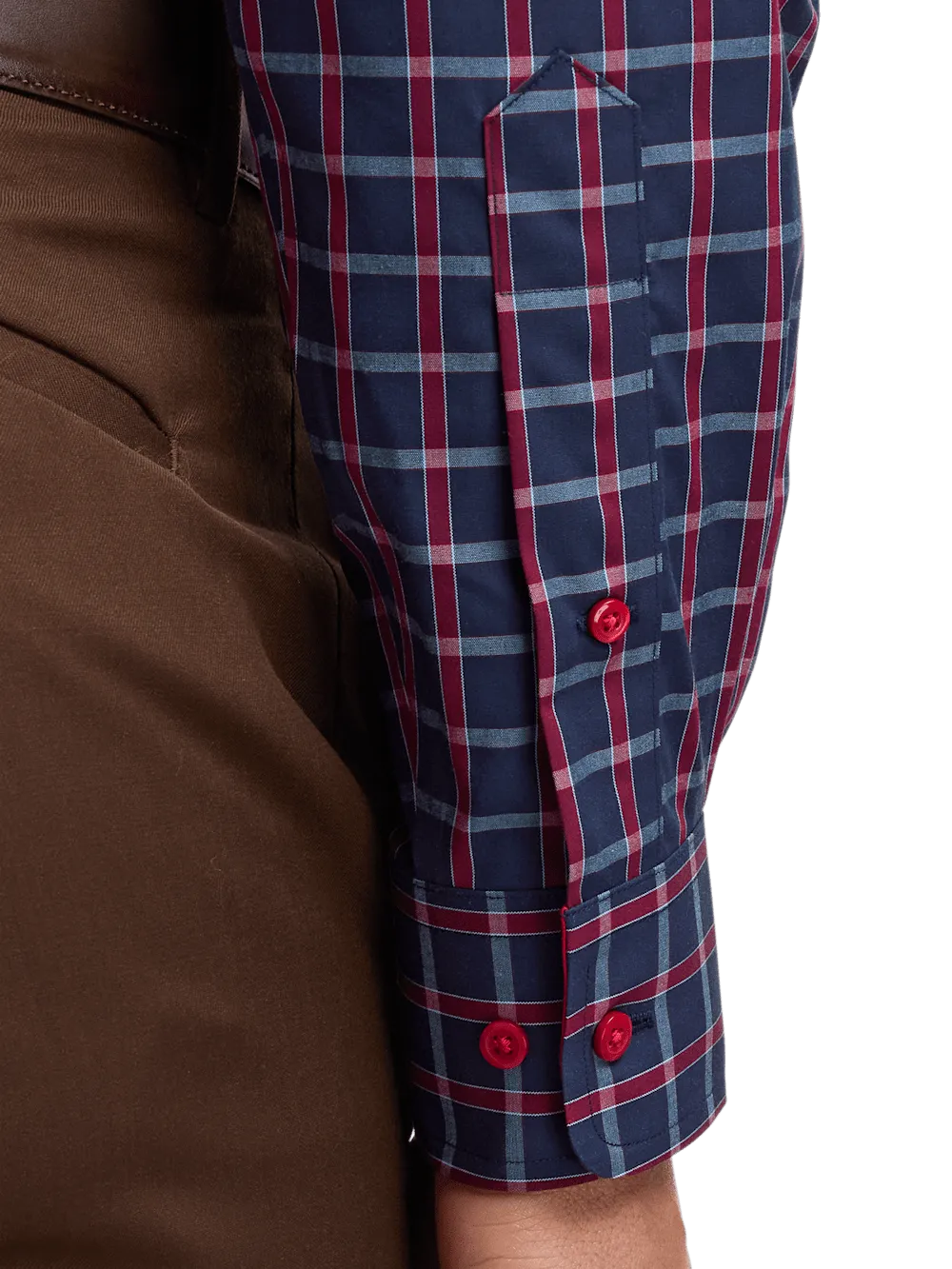 Non-Iron Cotton Plaid Dress Shirt With Contrast Trim - Navy/red