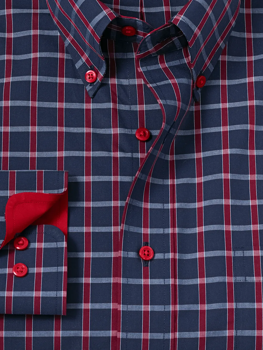 Non-Iron Cotton Plaid Dress Shirt With Contrast Trim - Navy/red