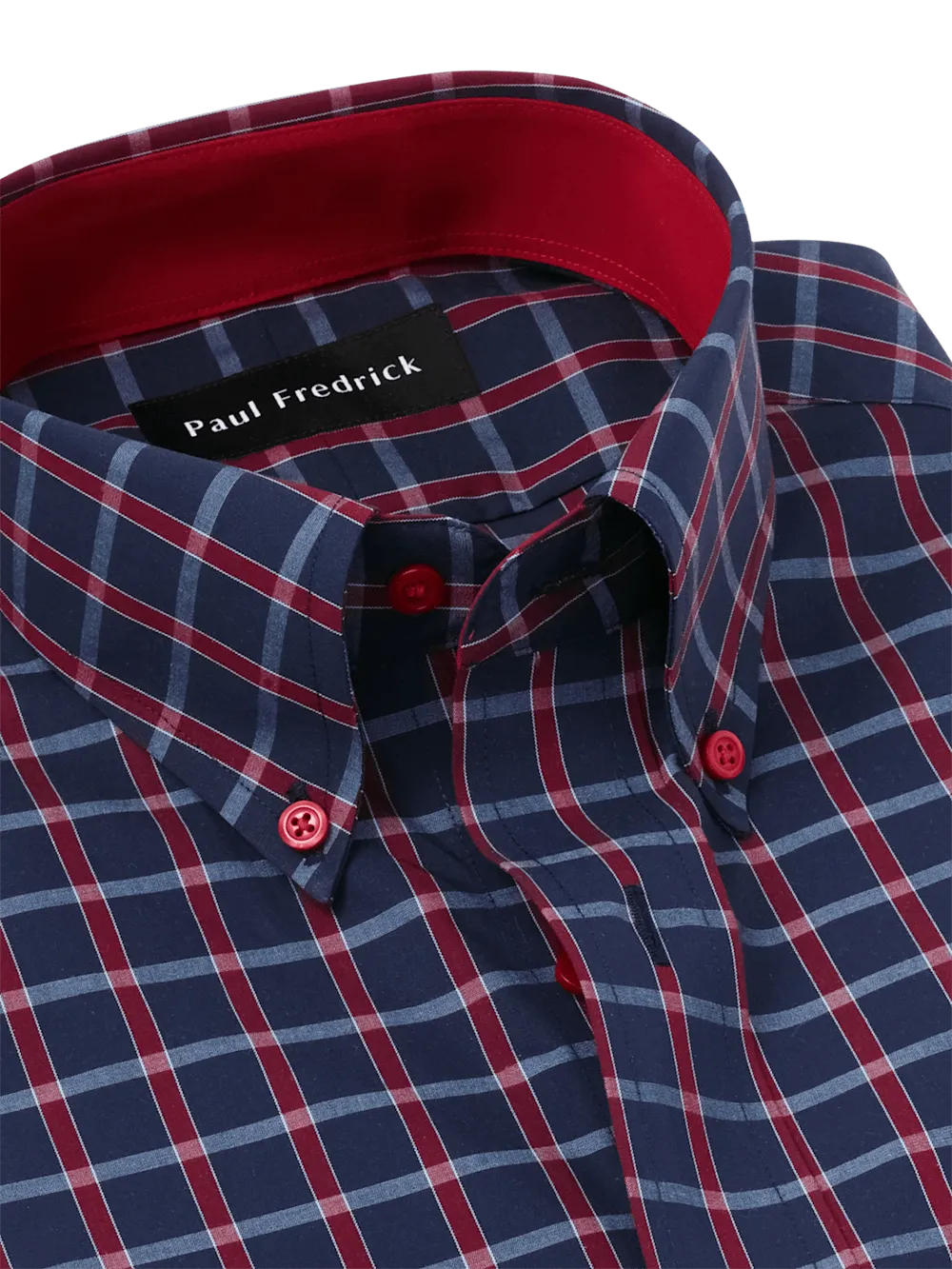 Non-Iron Cotton Plaid Dress Shirt With Contrast Trim - Navy/red