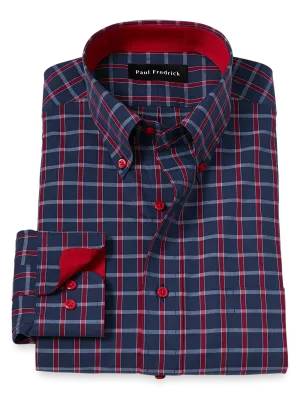 Non-Iron Cotton Plaid Dress Shirt With Contrast Trim - Navy/red