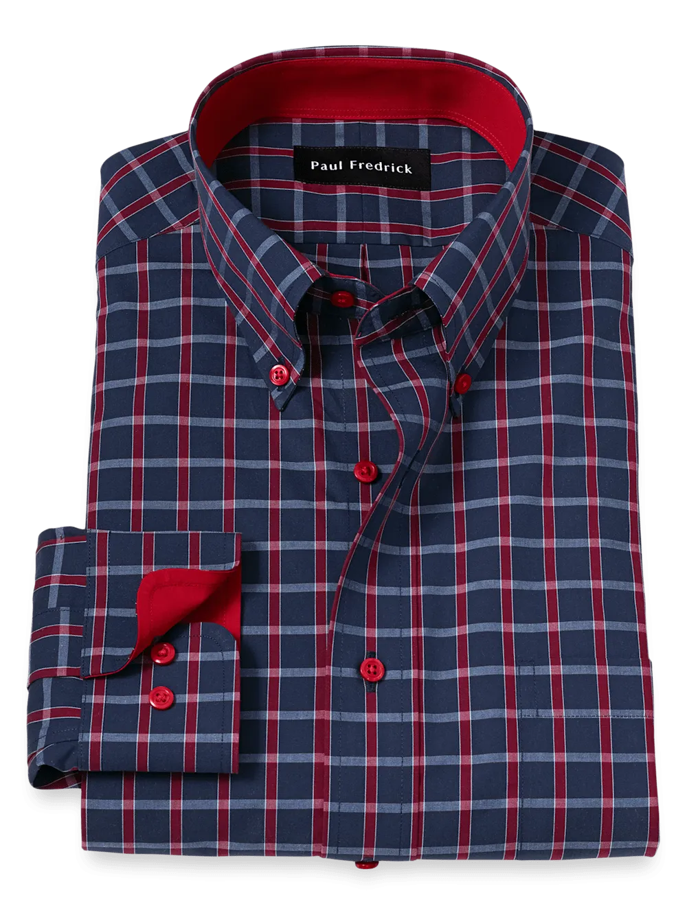Non-Iron Cotton Plaid Dress Shirt With Contrast Trim - Navy/red