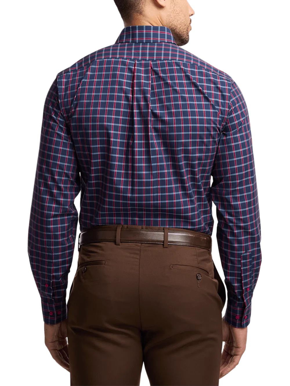 Non-Iron Cotton Plaid Dress Shirt With Contrast Trim - Navy/red