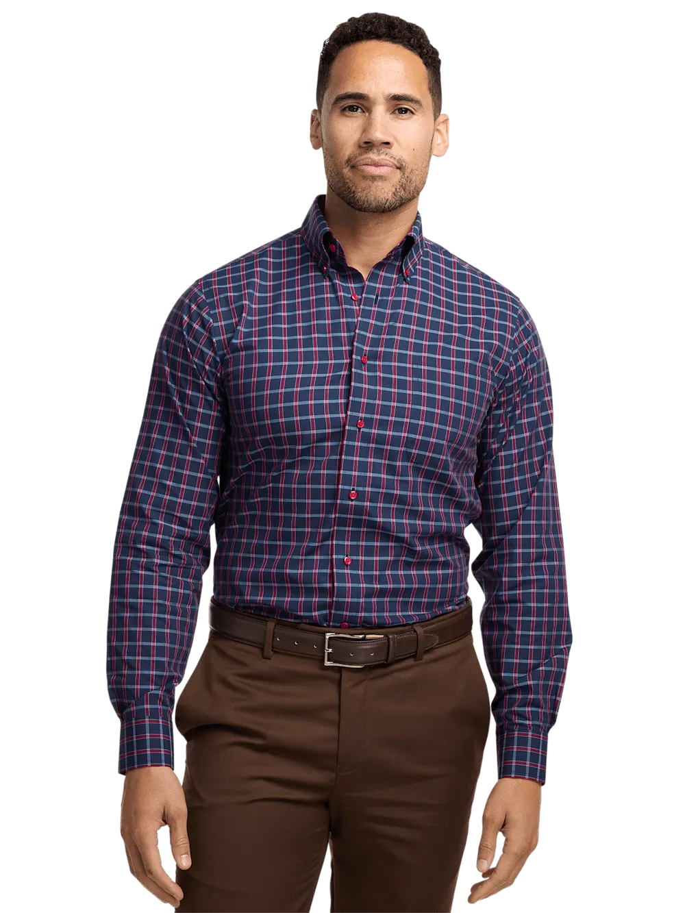 Non-Iron Cotton Plaid Dress Shirt With Contrast Trim - Navy/red