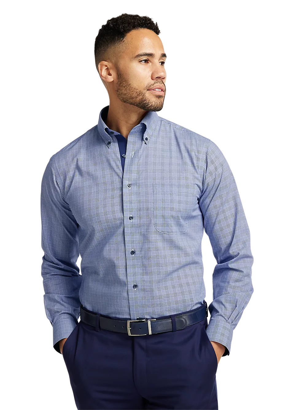 Non-Iron Cotton Plaid Dress Shirt With Contrast Trim - Sodalite