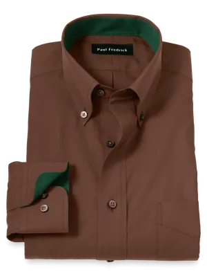 Non-Iron Cotton Solid Dress Shirt With Contrast Trim - Brown