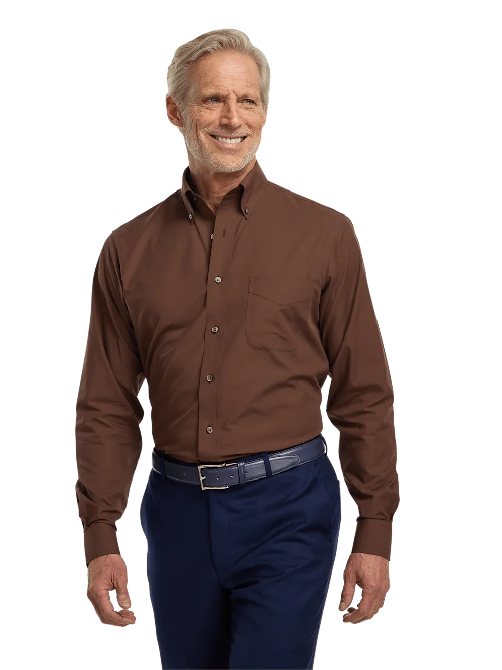 Non-Iron Cotton Solid Dress Shirt With Contrast Trim - Brown