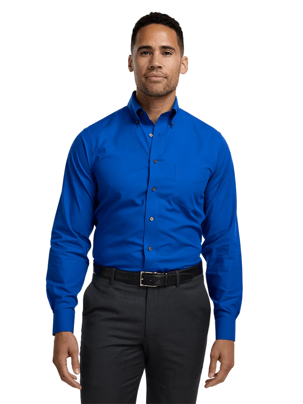 Non-Iron Cotton Solid Dress Shirt With Contrast Trim - Cobalt