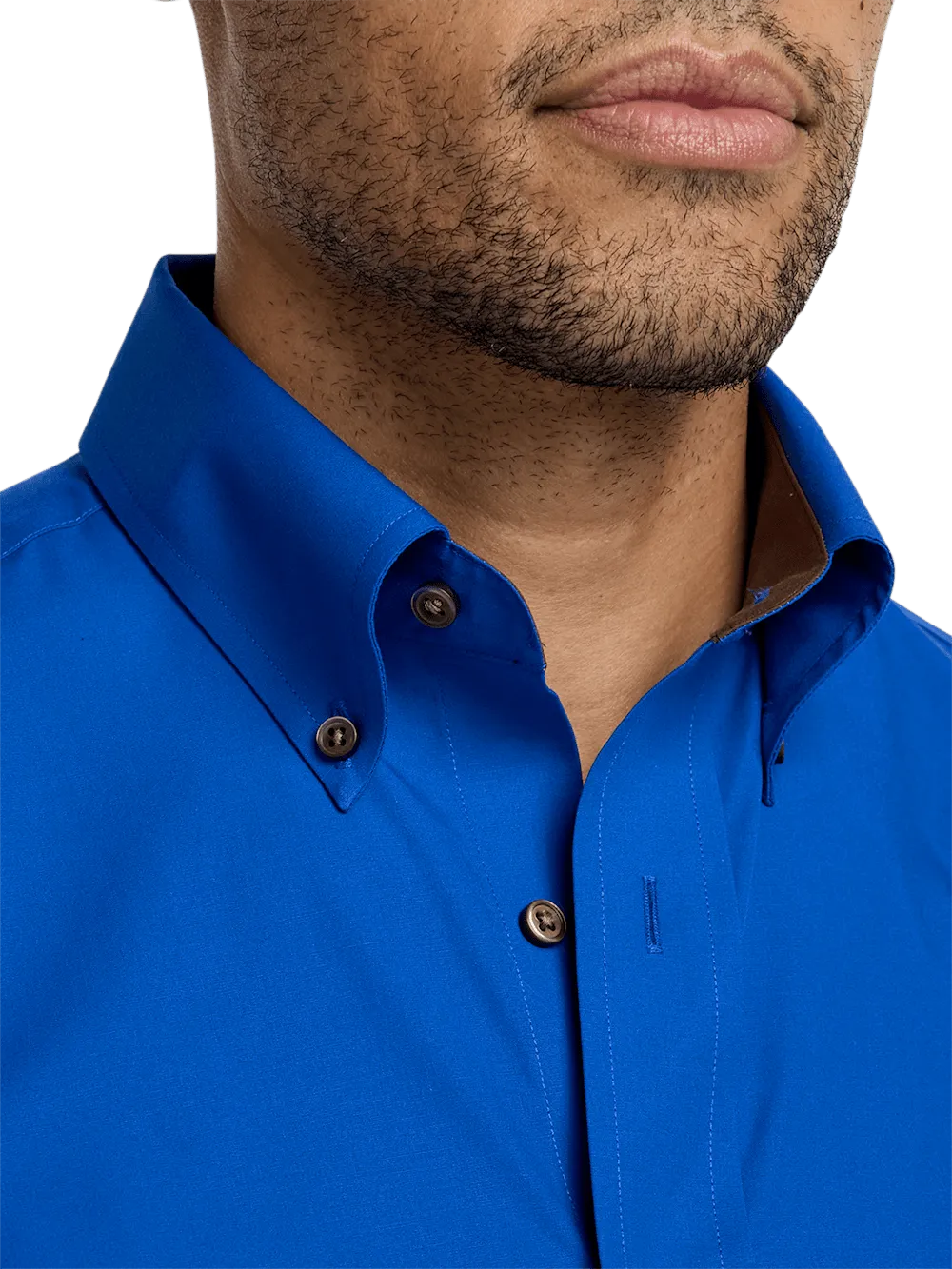 Non-Iron Cotton Solid Dress Shirt With Contrast Trim - Cobalt
