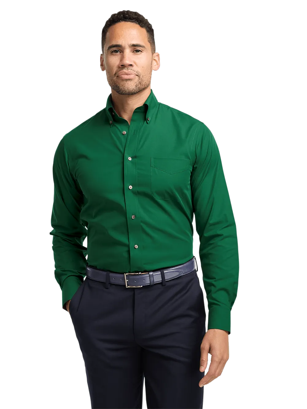 Non-Iron Cotton Solid Dress Shirt With Contrast Trim - Green