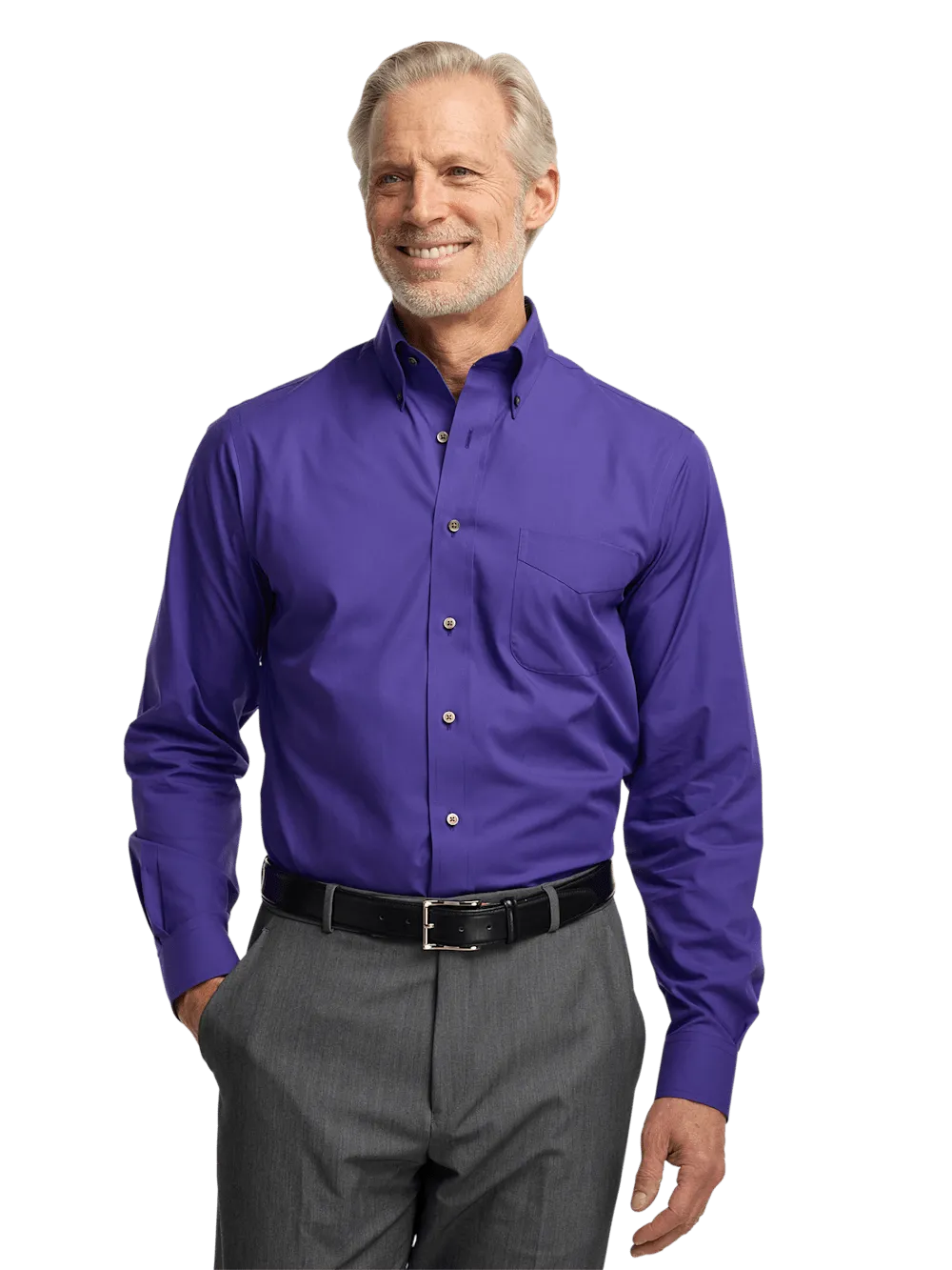 Non-Iron Cotton Solid Dress Shirt With Contrast Trim - Purple