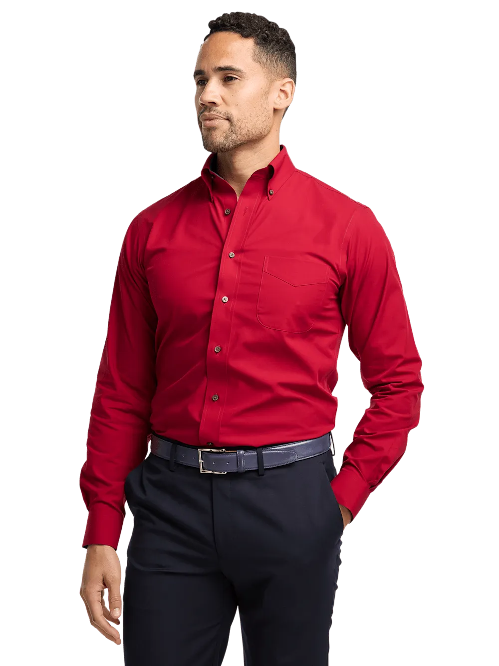 Non-Iron Cotton Solid Dress Shirt With Contrast Trim - Red
