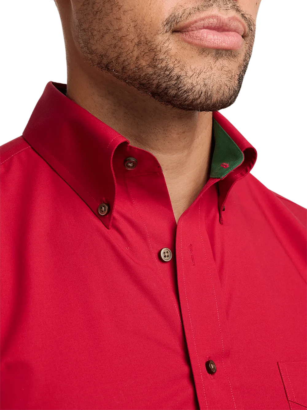 Non-Iron Cotton Solid Dress Shirt With Contrast Trim - Red