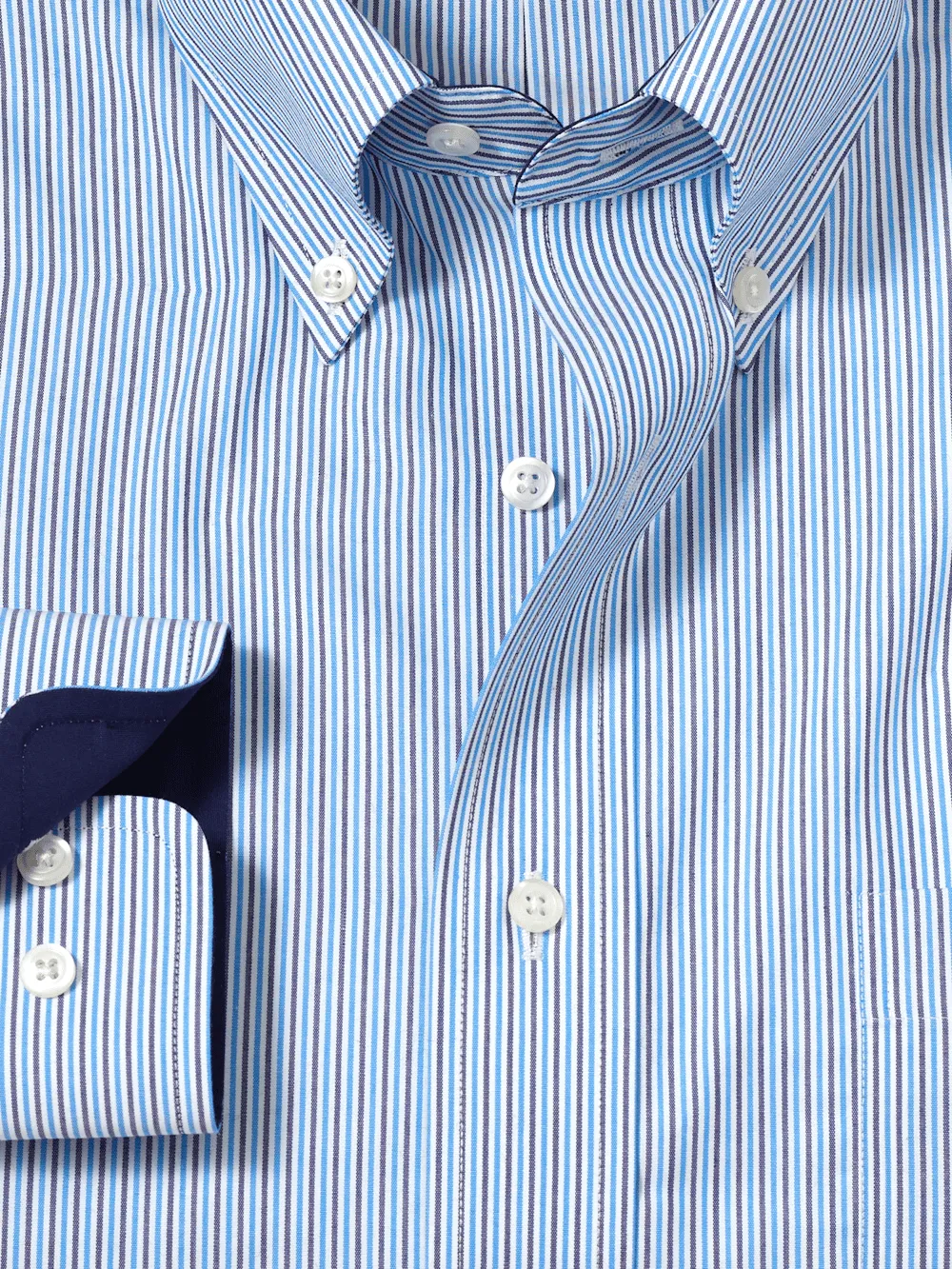 Non-Iron Cotton Stripe Dress Shirt With Contrast Trim - Blue