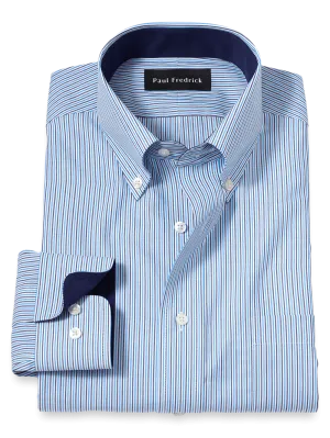 Non-Iron Cotton Stripe Dress Shirt With Contrast Trim - Blue
