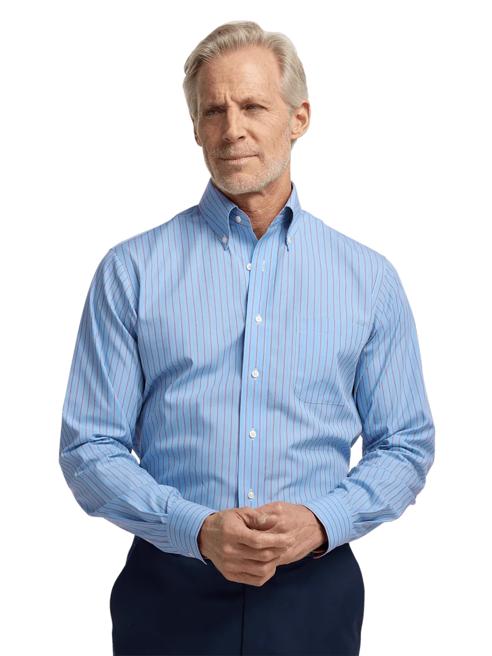Non-Iron Cotton Stripe Dress Shirt With Contrast Trim - Blue/red
