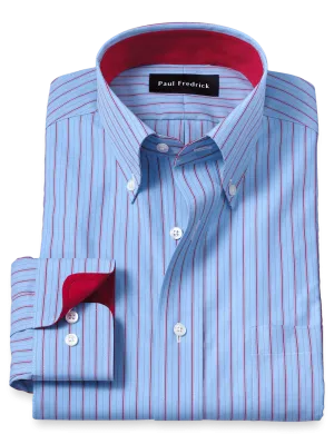 Non-Iron Cotton Stripe Dress Shirt With Contrast Trim - Blue/red