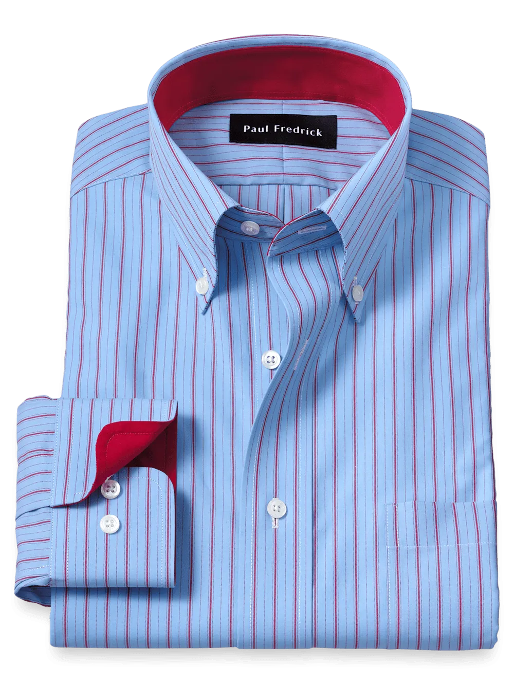 Non-Iron Cotton Stripe Dress Shirt With Contrast Trim - Blue/red