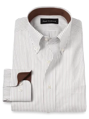Non-Iron Cotton Stripe Dress Shirt With Contrast Trim - Brown