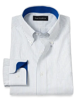 Non-Iron Cotton Stripe Dress Shirt With Contrast Trim - Cobalt