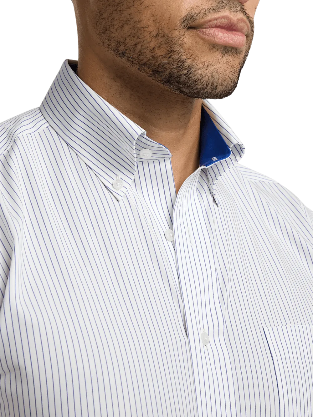 Non-Iron Cotton Stripe Dress Shirt With Contrast Trim - Cobalt