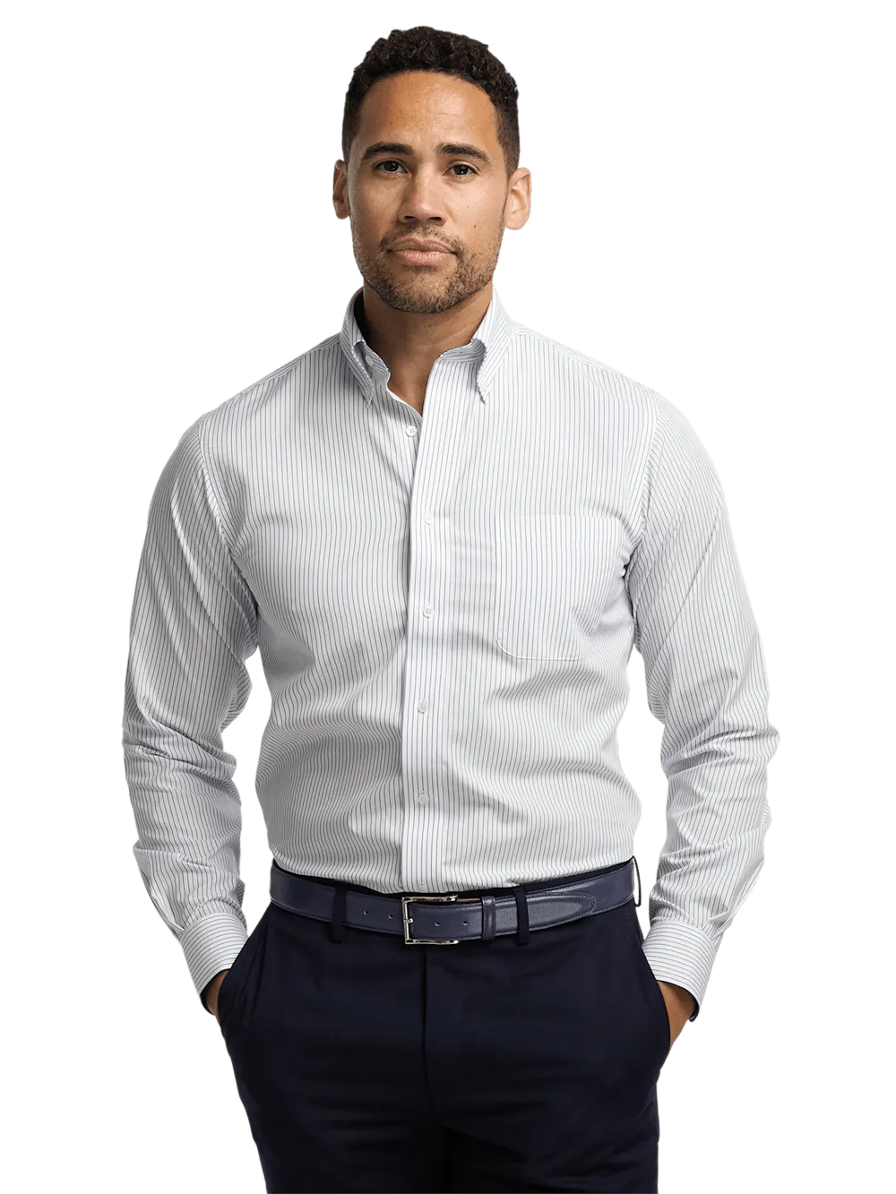 Non-Iron Cotton Stripe Dress Shirt With Contrast Trim - Cobalt