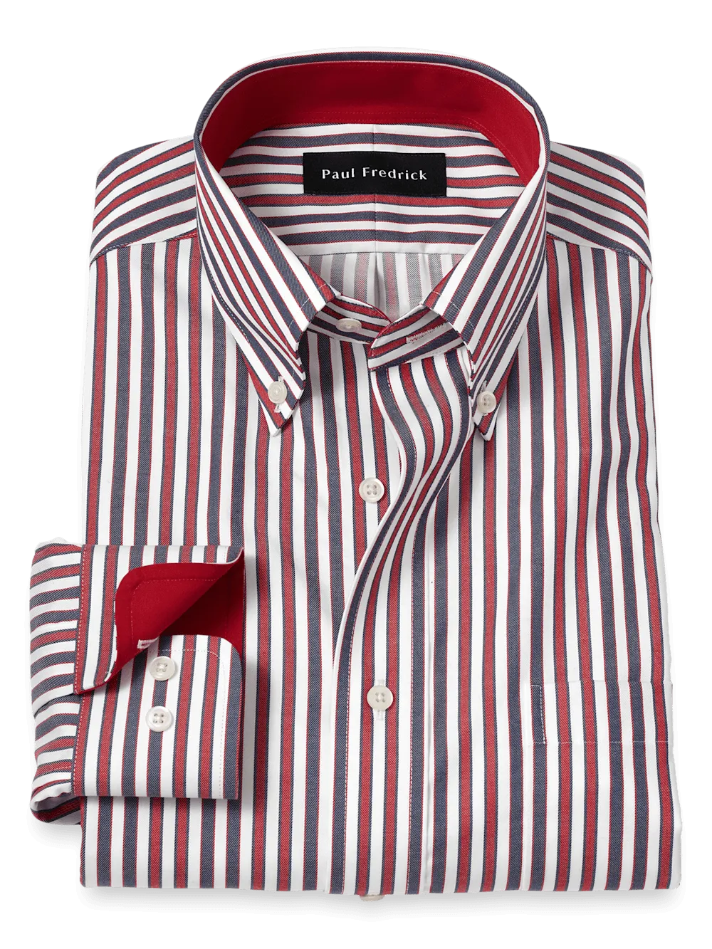 Non-Iron Cotton Stripe Dress Shirt With Contrast Trim - Navy/red