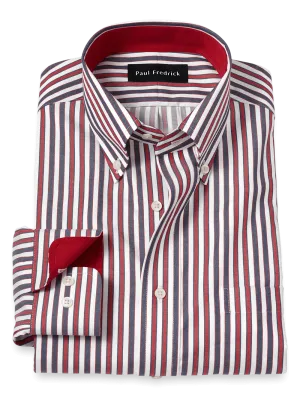 Non-Iron Cotton Stripe Dress Shirt With Contrast Trim - Navy/red