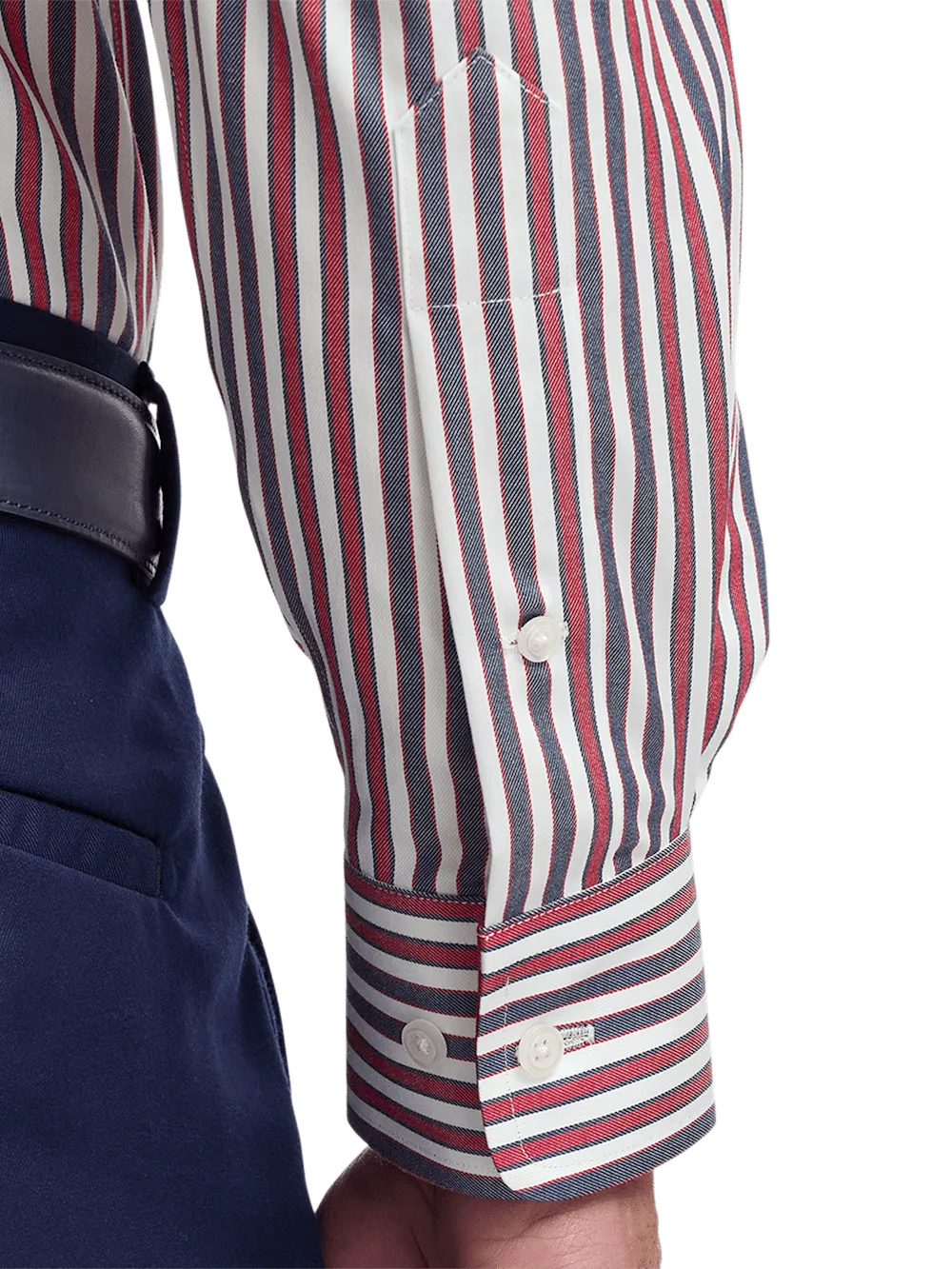 Non-Iron Cotton Stripe Dress Shirt With Contrast Trim - Navy/red