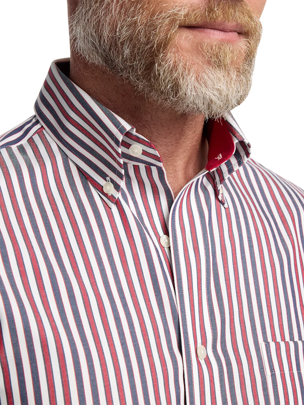 Non-Iron Cotton Stripe Dress Shirt With Contrast Trim - Navy/red
