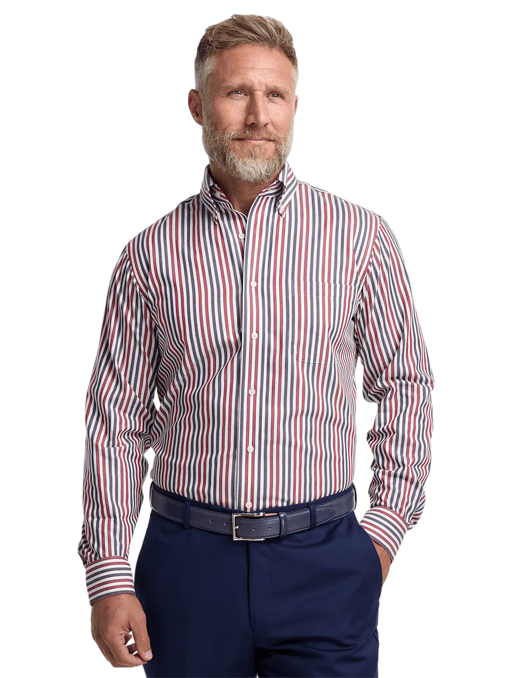 Non-Iron Cotton Stripe Dress Shirt With Contrast Trim - Navy/red
