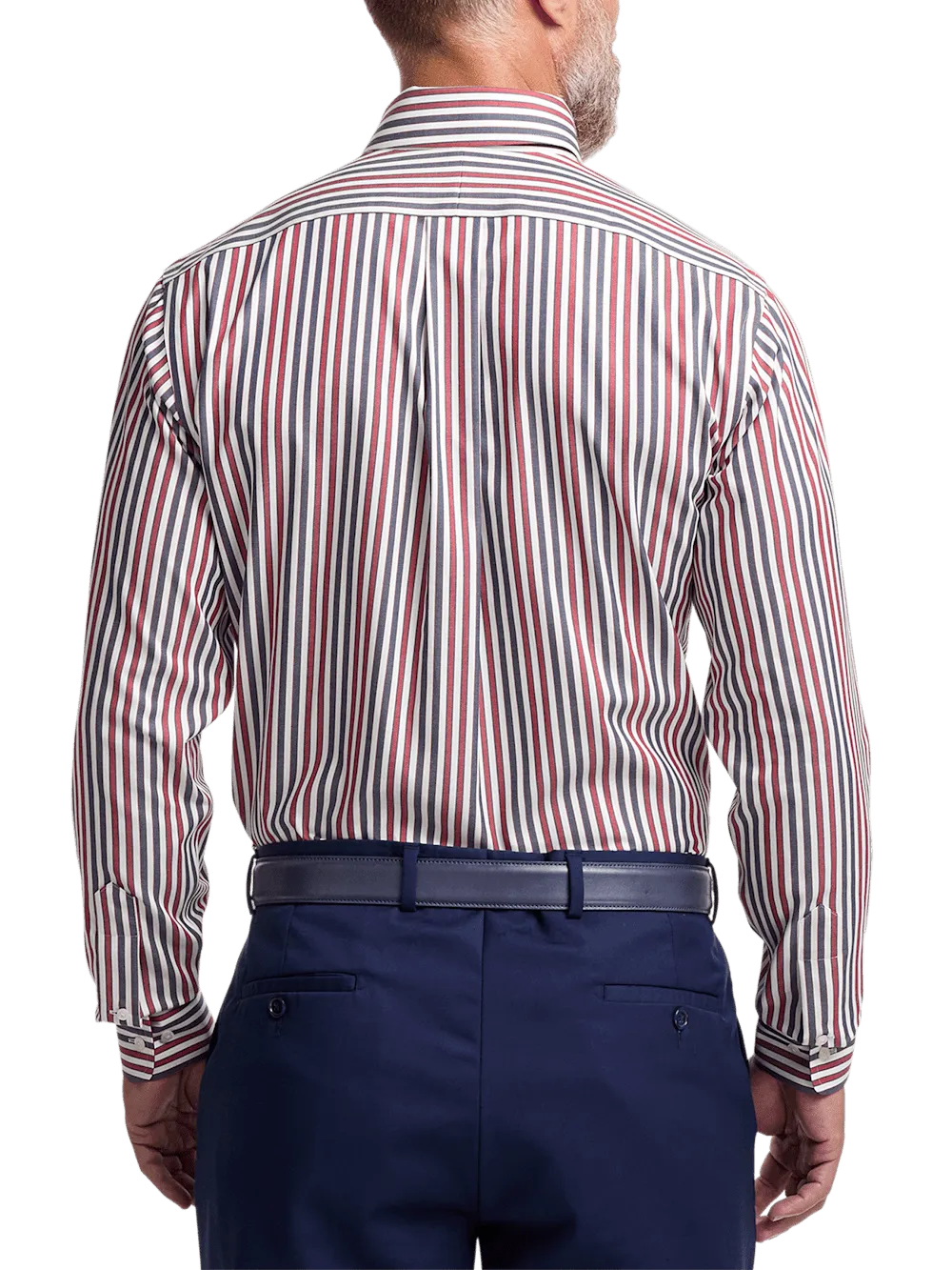 Non-Iron Cotton Stripe Dress Shirt With Contrast Trim - Navy/red