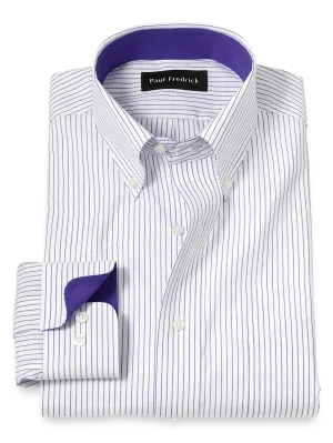 Non-Iron Cotton Stripe Dress Shirt With Contrast Trim - Purple