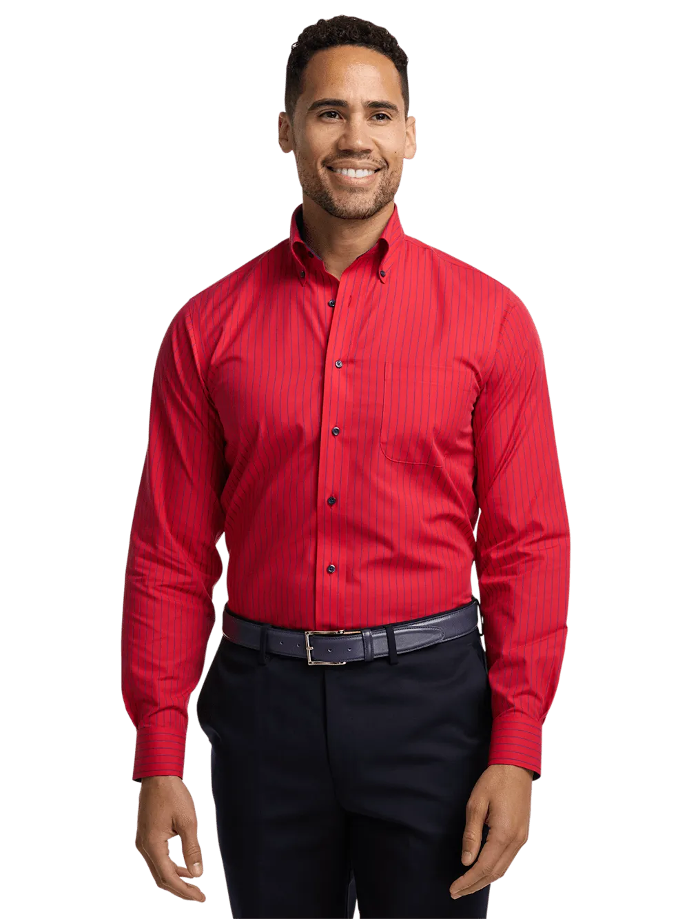 Non-Iron Cotton Stripe Dress Shirt With Contrast Trim - Red