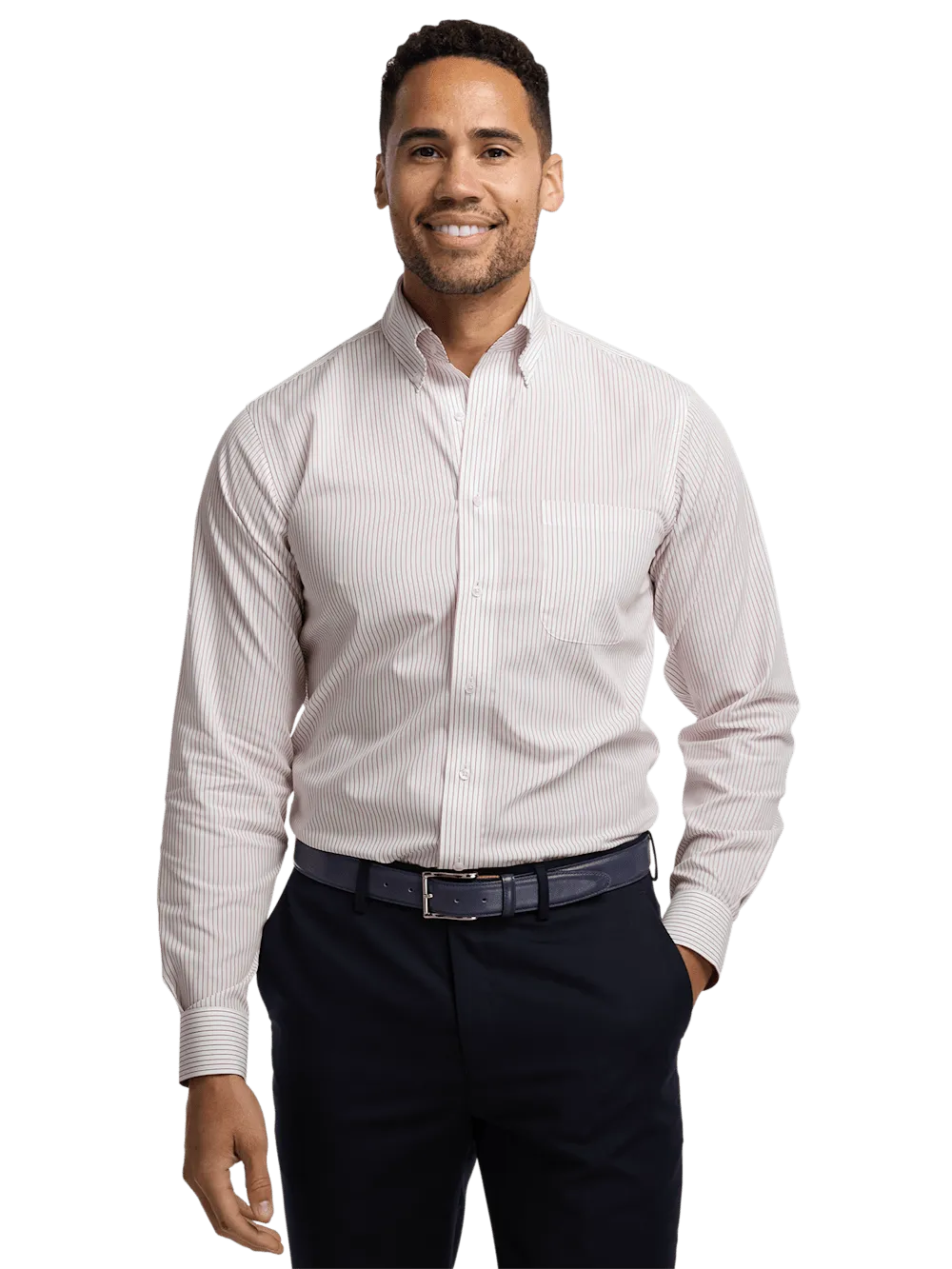 Non-Iron Cotton Stripe Dress Shirt With Contrast Trim - Red