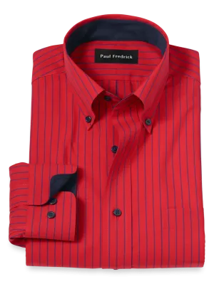 Non-Iron Cotton Stripe Dress Shirt With Contrast Trim - Red