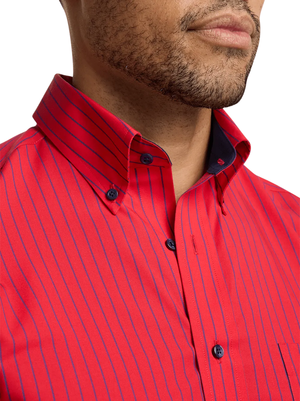 Non-Iron Cotton Stripe Dress Shirt With Contrast Trim - Red