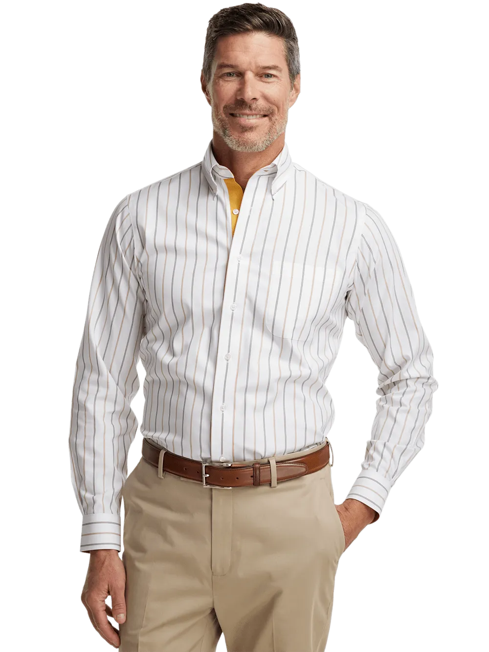 Non-Iron Cotton Stripe Dress Shirt With Contrast Trim - White/brown