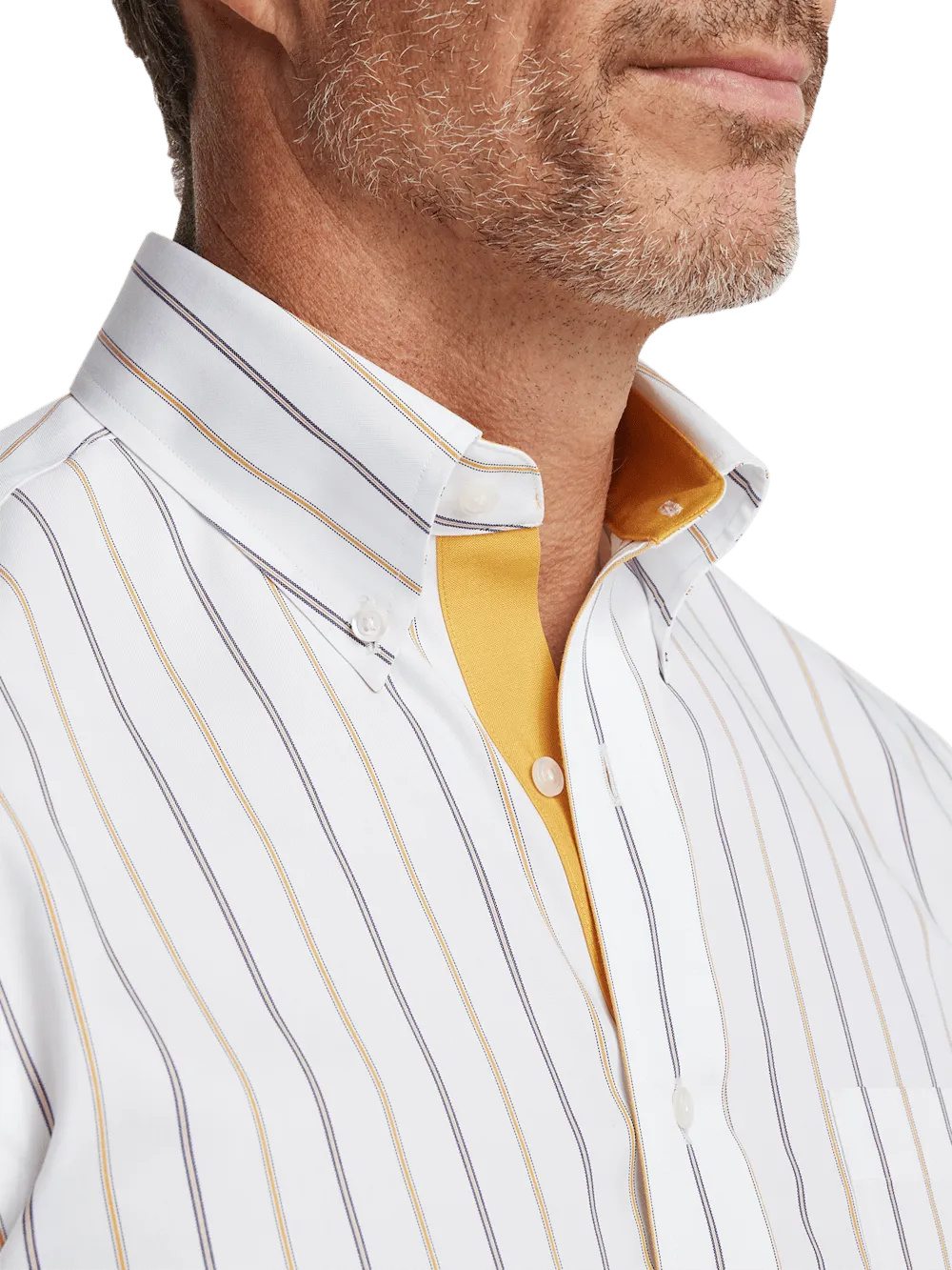 Non-Iron Cotton Stripe Dress Shirt With Contrast Trim - White/brown