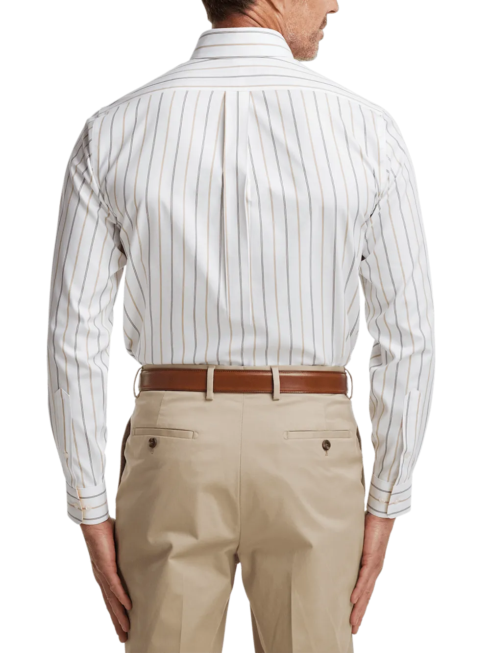 Non-Iron Cotton Stripe Dress Shirt With Contrast Trim - White/brown