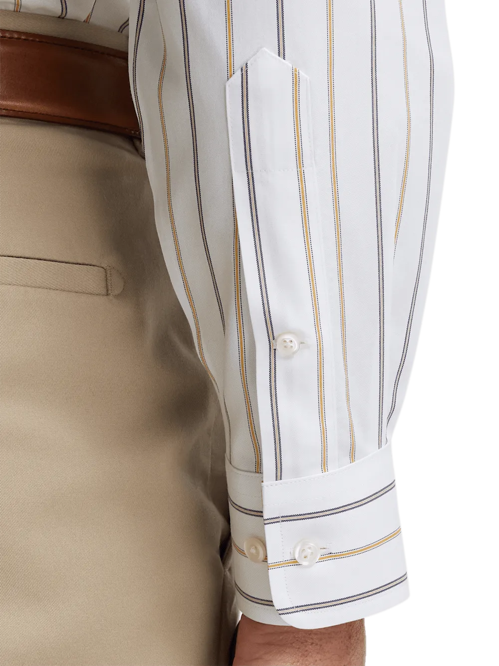 Non-Iron Cotton Stripe Dress Shirt With Contrast Trim - White/brown