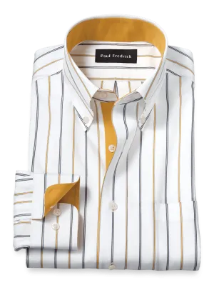 Non-Iron Cotton Stripe Dress Shirt With Contrast Trim - White/brown