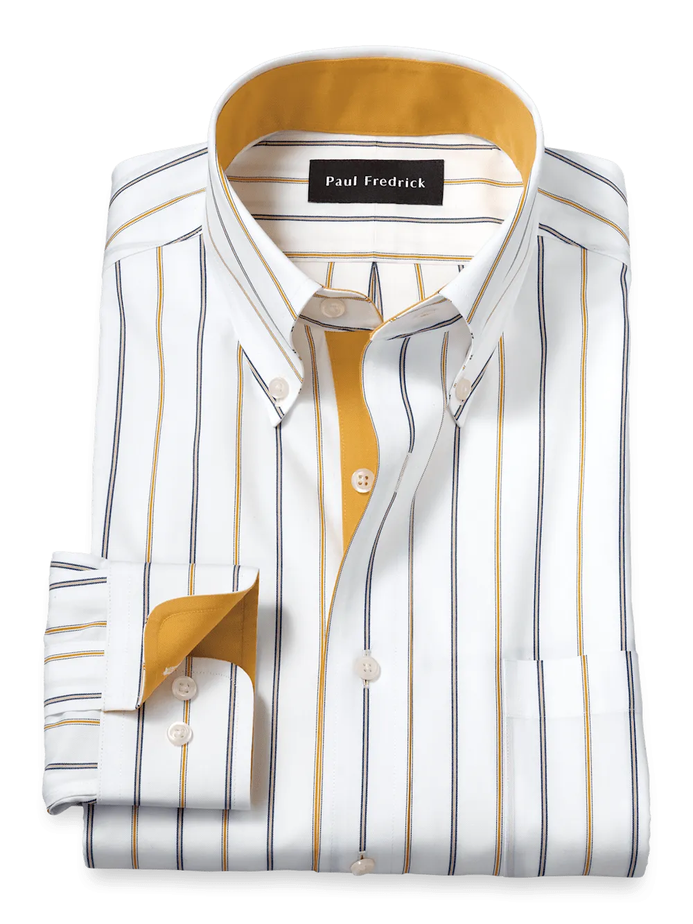Non-Iron Cotton Stripe Dress Shirt With Contrast Trim - White/brown