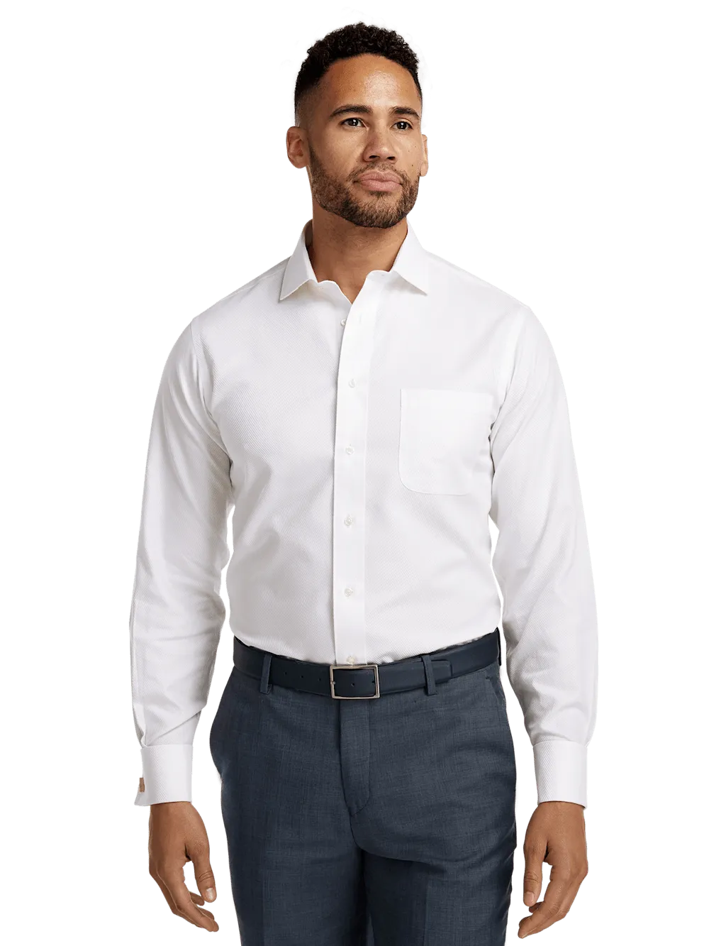 Non-Iron Cotton Twill Spread Collar French Cuff Dress Shirt - White