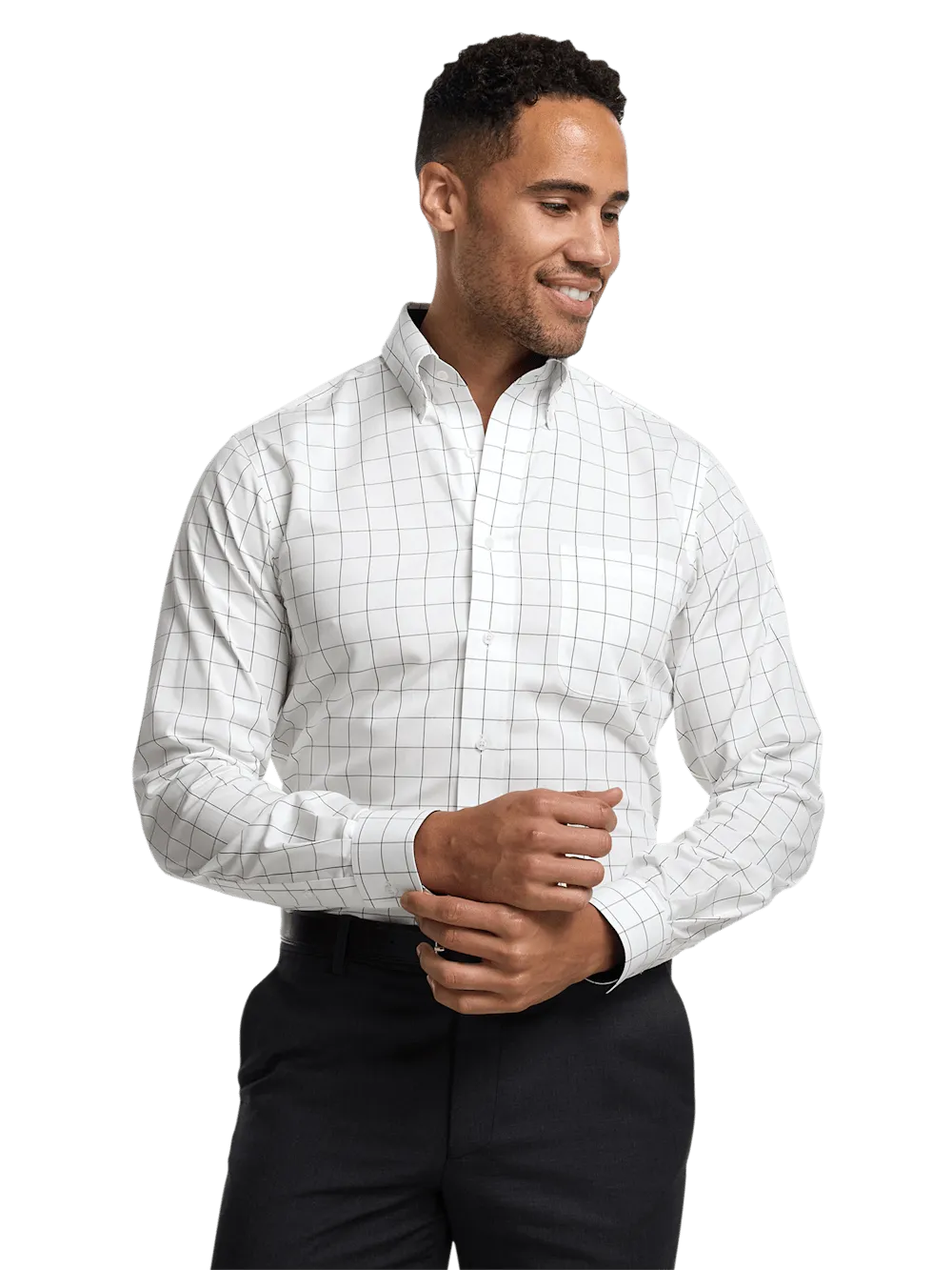 Non-Iron Cotton Windowpane Dress Shirt With Contrast Trim - Black