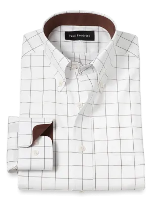 Non-Iron Cotton Windowpane Dress Shirt With Contrast Trim - Brown