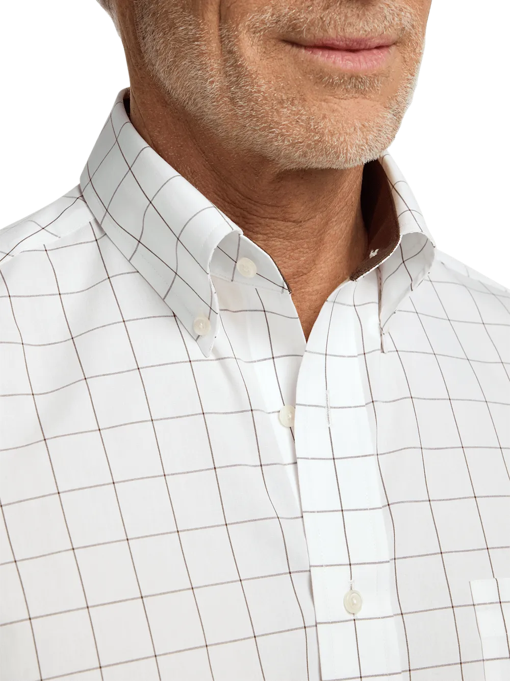 Non-Iron Cotton Windowpane Dress Shirt With Contrast Trim - Brown